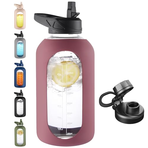 Image of CIVAGO 64 oz Glass Water Bottle Jug with Straw and Handle, Half Gallon Sports Motivational Water Bottle with Time Marker, Wide Mouth Water Flask Canteen with Silicone Sleeve for Gym, Rose Taupe