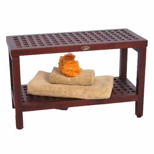 Espalier Teak Shower Bench with Shelf- 30" Length- Contemporary Lattice Pattern