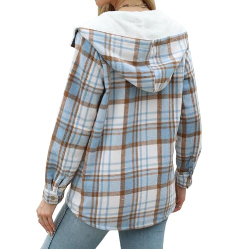 Womens Plaid Jacket Long Sleeve Button Down Fleece Hooded Jackets Casual Color Block Warm Coat Fall Winter Coats4