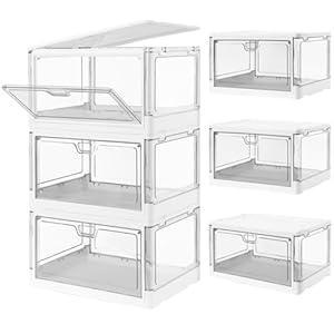 3-Pack Clear Stackable Storage Bins with Lids Magnetic Doors Open Front Foldable Folding Plastic Craft Containers Large Closet Organizers Box for Bedrooms Living Rooms Study Kids’ Toys 24 QT