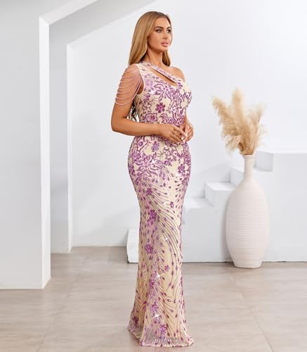 Image of Cololura Women Sequin Elegant Sexy One Shoulder Tassel Mermaid Bodycon Cocktail Evening Dress