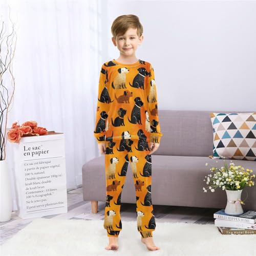 Long Sleeve Pajama Set for Girls Boys,Dogs Pattern on Orange Comfy Crewneck Sleepwears,Soft Kid's Homewear Clothes Underwear Sets 4T4