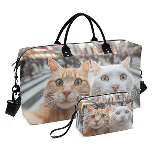 XYMZR Cats City Street Large Quilted Duffle Bag for Travel - Large Capacity, Fashion Design, Sport Tote Gym Bag with Toiletry Bags for Women Men