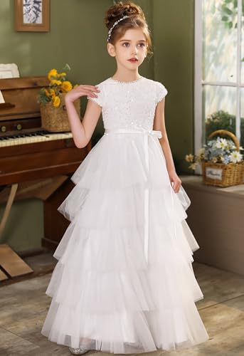 Sequins Flower Girl Dress Cap Sleeve for Wedding Puffy Tulle Pageant Dresses for Girls Pearls Prom Ball Gown with Bow3