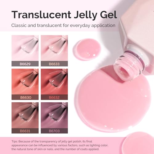 Image of MelodySusie Jelly Gel Nail Polish Set,6 Transparent Colors,Milky or Jelly Texture,Soft Blush Mist Colors Soak Off UV LED Light Cure or Salon Manicure and Nail Art DIY at Home