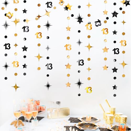 Image of Black Gold 13th Birthday Decorations Number 13 Circle Dot Twinkle Star Garland Metallic Hanging Streamer Banner Backdrop Girls Boys 13 Years Old Birthday Thirteen Official Teenager Party Supplies