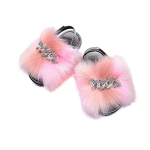 Girls Faux Fur Fluffy Slides Sparkle Rhinestone Toddler Furry Slippers Colorful Sandals with Back Strap