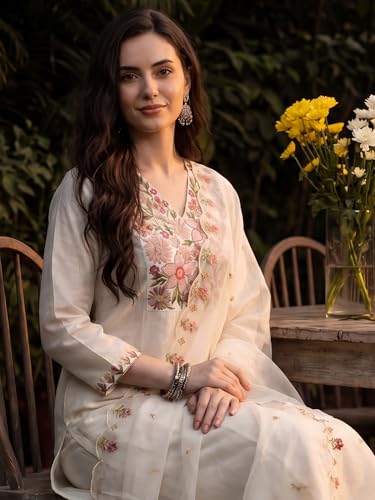Image of INDO ERA Women's Silk Blend Floral Embroidered Thread Work Kurta & Pant with Dupatta Set (IEBBAI438)