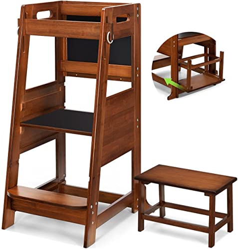 Image of TOETOL Bamboo Toddler Step Stool Learning Kitchen Stool Standing Tower for Toddler Kitchen Counter Helper Stool 3 Height Adjustable with Activity Chalkboard and Whiteboard Message Boards,Non-Slip Mat