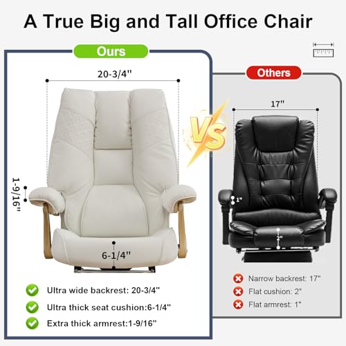Image of EXCEBET Big and Tall Executive Office Chair with Footrest, 400LBS Capacity Ergonomic High-Back Desk Office Chair with Lumbar Support, Padded Armrests & Thick Cushion, White PU Leather Chairs