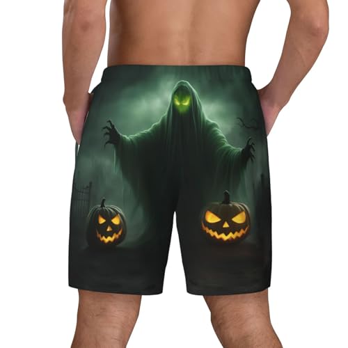 Green Ghost Horror Halloween Pumpkin Men's Soft Double Swim Shorts, Lounge Swiming Shorts Pants Breathable Summer4
