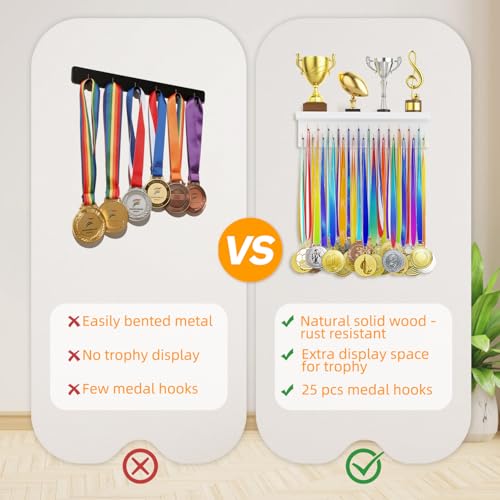 Image of Medal Hanger Display and Trophy Shelf Organizer, Wooden Wall Mount Ribbon Holder with 25 Steel Hooks, Race Awards Storage Rack Stand for Sports Enthusiasts