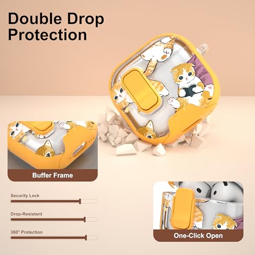 Image of for AirPods 4 Case 2025 with Safety Lock & Foldable Phone Stand, Yellow Cat | Double Drop Protection,Two-Piece Design, Airpod 4 Case with Keychain & Cleaner Kit, Support Wireless Charging, Shockproof