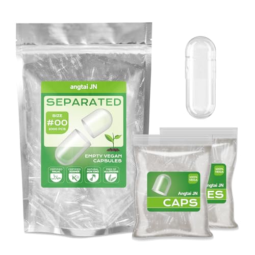 Angtai JN Capsules Vides Végétales Séparées Taille 00 (1000 unités), Gélules vides à Remplir, Compatible avec la Machine de Remplissage de Capsules 00