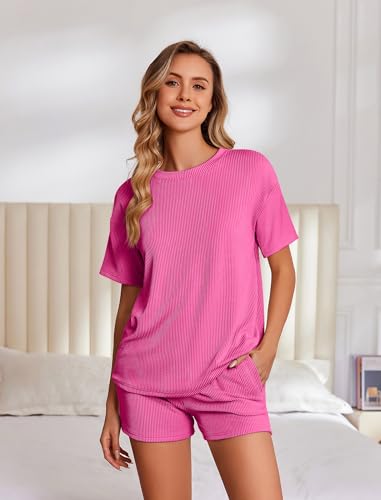 Ekouaer Womens Pajama Sets Short Sleeve Lounge Sets 2 Piece Pjs Tops and Shorts Outfits Matching Loungewear with Pockets2
