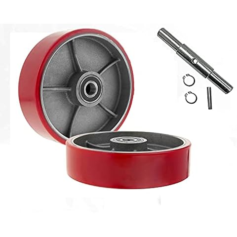 Pallet Jack/Truck Steering Wheels Set with Axle, Fasteners and Protective Caps, 7" x 2" with Bearings ID 20mm Poly Tread Red (Red) Cover