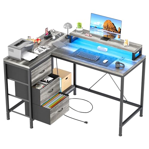 Image of Hetoy L-Shaped Computer Desk with Charging Station - Corner Gaming Desk with LED Lights, Drawers & Storage Shelves for Home Office Use, Oak
