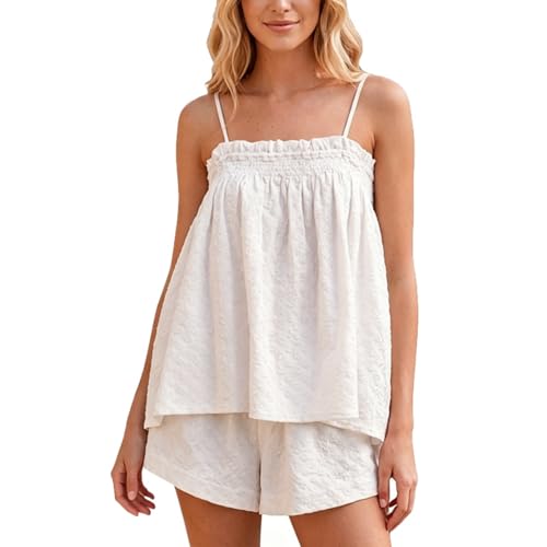 Image of SOOKABEILA Women 2 Piece Lounge Set Sleeveless Striped Cami Peplum Top Boxer Shorts Loose Ruffle Matching Pj Sets Outfits