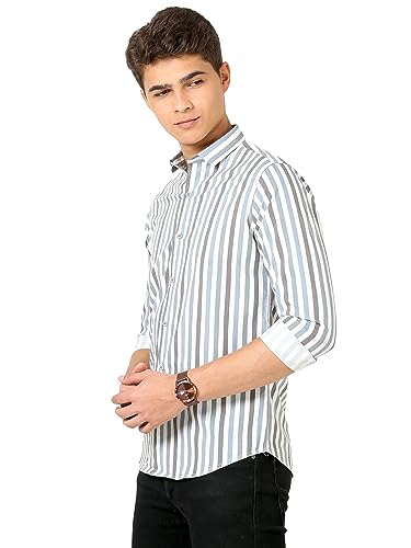 Image of IndoPrimo Men's Cotton Shirt with Spread Collar Neck Line Striped Pattern Full Sleeves Regular Fit Western Style and Standard Length