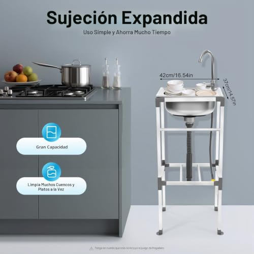 Fregadero de cocina portátil en acero inoxidable con sistema de drenaje eficaz y grifo móvil 4