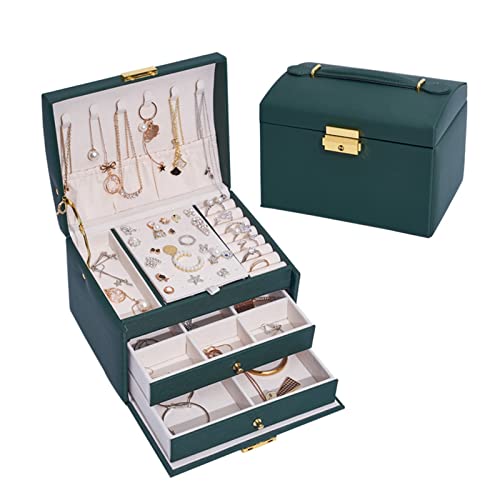 YJYJY Joyero de Tres Capas con cajón de Cuero, Organizador de Joyas para Pendientes, Anillos, con Cerradura, Plegable de Metal con Gancho, Caja para Guardar Joyas, Collares y Abalorios
