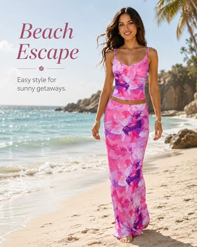 Image of Two Piece Skirt Set for Women - Sexy Sleeveless Spaghetti Strap Pleated Tank Top Maxi Long Skirts Sets