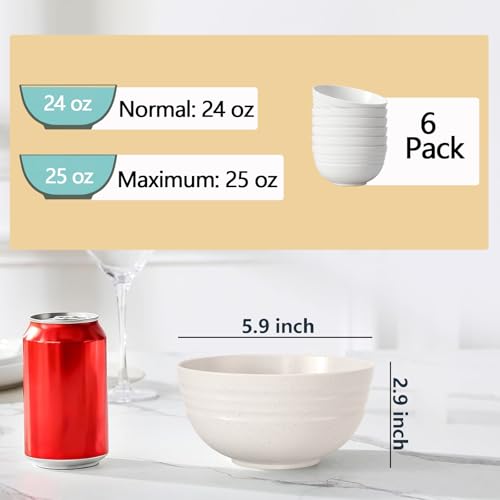 Image of 【NOT CERAMIC】Unbreakable Cereal Bowls, 25 OZ Wheat Straw Bowls Microwave and Dishwasher Safe BPA-Free Eco-Friendly Bowl Beige Color for Cereal, Serving ,Soup, Oatmeal, Pasta and Salad(Set Of 6)