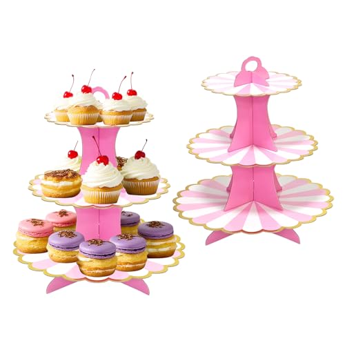 2 Stück Tortenständer aus Karton, 3 Etagen Cupcake Ständer Dessert Turm – Muffinständer für Hochzeit, Geburtstag, Party – Kuchenständer, Etagere für Brötchen, Käseplatte, Cupcakes(Rosa)