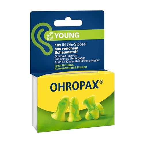 OHROPAX Young Ohrstöpsel – für Ohren mit kleineren Gehörgängen – IN-Ohr-Stöpsel aus weichem Schaumstoff – Schalldämmwert SNR 35 dB – ideal für Ruhe, Konzentration und Freizeit – 10 Stück