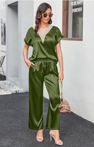 Image of Ekouaer Silk Pajamas Set Womens Lace V Neck Loungewear Short Sleeve Satin Shirt with Long Pant Silky Pjs