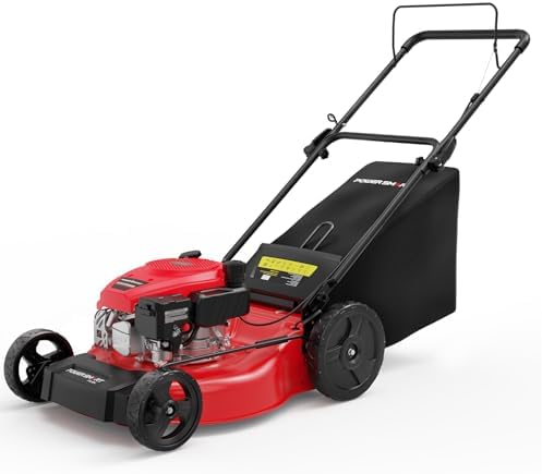 PowerSmart Gas Push Lawn Mower 21-inch 144cc 4-Stroke Engine with Easy Adjustable Cutting Height, High Wheels, 2-in-1 with Mulching, Rear Bagger