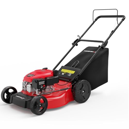 PowerSmart Gas Push Lawn Mower 21-inch 144cc 4-Stroke Engine with Easy Adjustable Cutting Height, High Wheels, 2-in-1 with Mulching, Rear Bagger