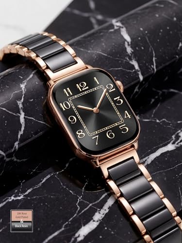 Image of V.R.HOPE Apple Watch Band for Women 38mm 40mm 41mm 42mm Fashion Rose Gold Stainless Steel Metal Strap with Resin Inlay, Fashion Bracelet Compatible with iWatch Series 11 /10 /9 /8 /7 /6 /5 /4 /3 /2 /1 /SE (Black+Rose Gold)