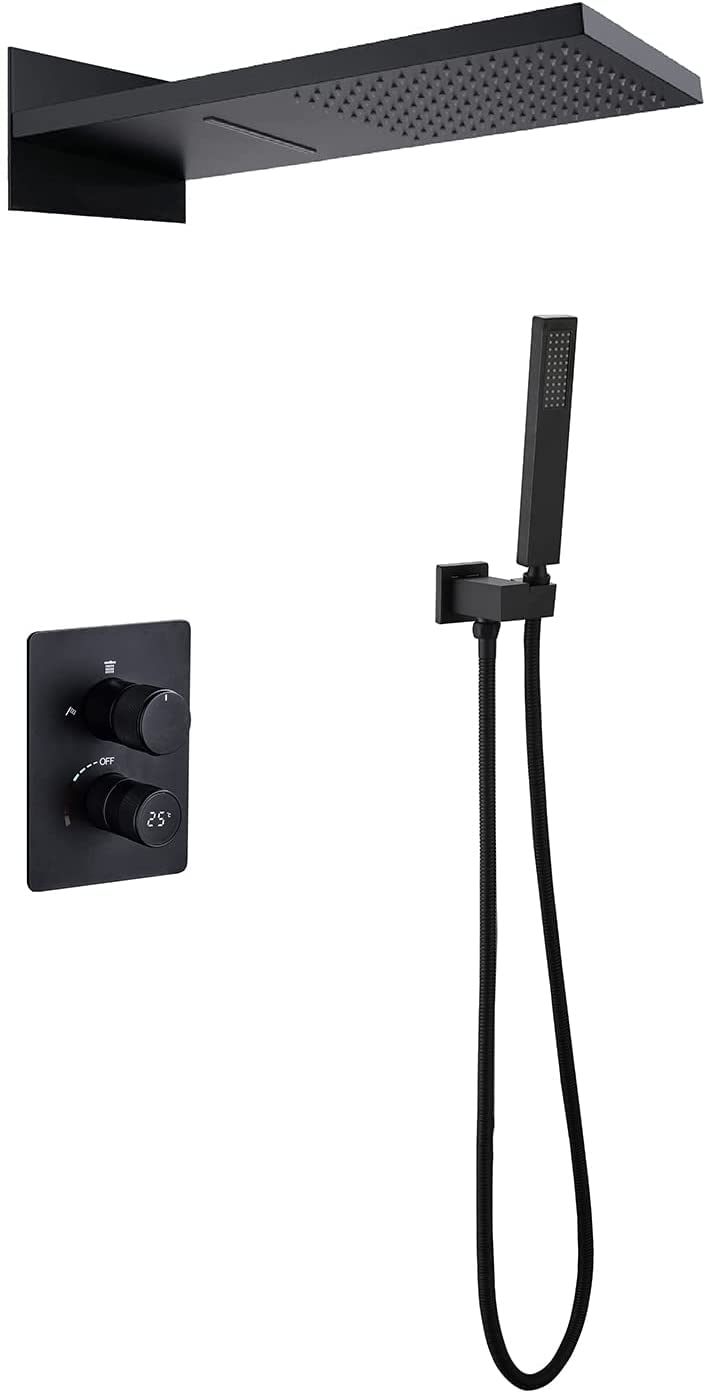 Aycdl Matt Black Shower System Digital Display Shower Faucet Set Concealed Shower Mixer Taps Set With Brass Hand Shower And Waterfall Rainfall Shower Head,