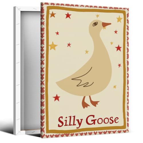 Image of Cute Silly Goose Canvas Wall Art, Nursery Animal Poster Print, Yellow and Red Wall Art for Boys Girls Bedroom, Quirky Giant Goose Picture, Trendy Animal Painting for Kids Room 8x12in Wrapped Canvas