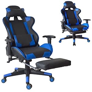 Gamestoel bureaustoel Thomas – met voetsteun – racing stijl – ergonomisch verstelbaar – zwart blauw