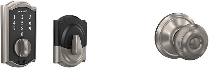 Schlage BE375 CAM 619 Touch Camelot Deadbolt, Electronic Keyless Entry Lock, Satin Nickel & F10 GEO 619 Georgian Door Knob, Hall & Closet Passage Lock, Satin Nickel