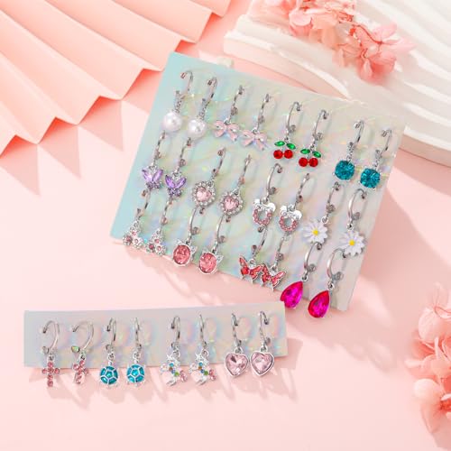 16 Pairs Hypoallergenic Silver Dangle Hoop Earrings for Girls Teens Kids Cute Girls Earrings Animal Small Hoop Earrings Set Pink Jewelry Gift2