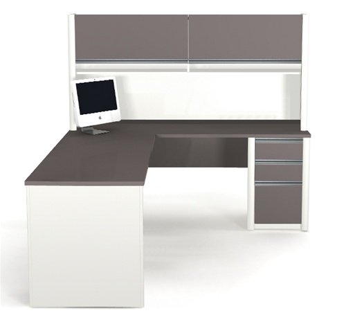 L-Shaped Corner Computer Desk with Hutch in Slate & Sandstone