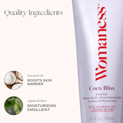 Image of Womaness Coco Bliss Vaginal Moisturizer - Hydrating Coconut Cream for Vaginal Dryness - Non-Sticky Vulva Cream for External Intimate & Body Care - Estrogen & Hormone-Free Formula for Women - 4oz