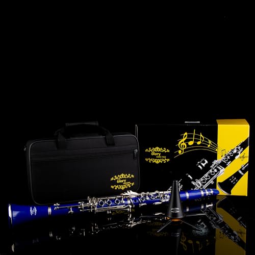 Image of Glory GLY-CLADBL Professional Ebonite Bb Clarinet with 10 Reeds, Stand, Hard Case, Cleaning Cloth, Mouthpiece Brush and Pad Brush,Dark Blue /Silver