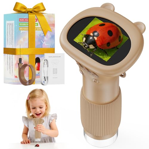 ASPOVEN Microscopio Portatile Niños Zoom 1000x   Microscopio Digital Mini Recargable, Microscopi con Pantalla, 8 Luces LED, Ciencia Experimentos Juguetes para Cumpleaños/Navidad/Año Nuevo(Marrón)