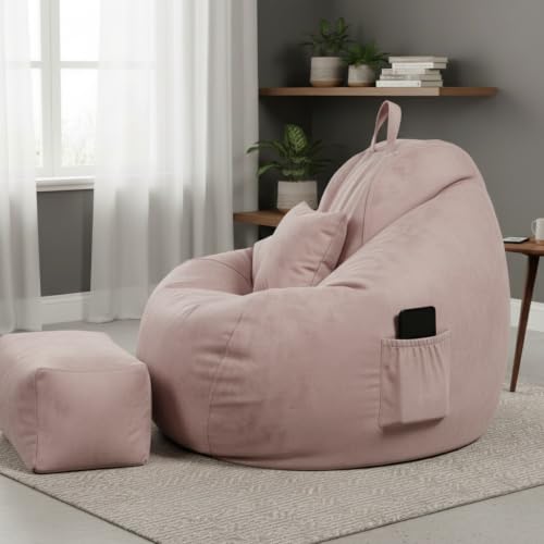 Image of KAM'S LIEU 5XL Premium Imported Suede Bean Bag Chair with Footrest & Cushion | Filled with High Density Polystyrene Beans | Premium Soft Fabric | Ready to Use Color- (Rose Gold, 5XL)