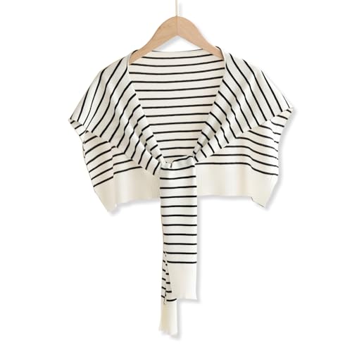 Wool Knitted Small Shawl For Women Long Sleeves Knotted Classic Stripe Pattern Decorative Shawl Wrap Cape Warm Scarf