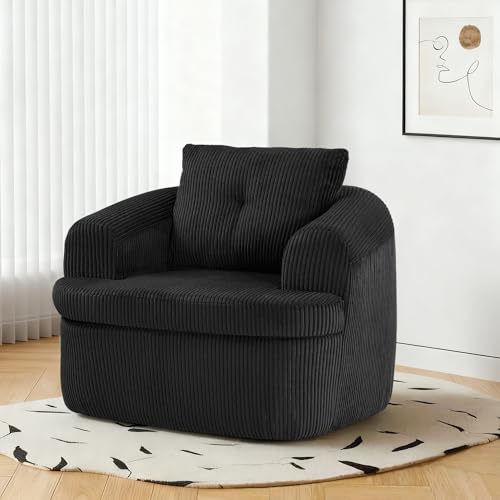 Hretanant 36.6" Swivel Accent Chair, 360 Degree Oversized Swivel Barrel Chair for Living Room, Modern Corduroy Upholstered Accent Armchair Comfy Boneless Sofa Chair for Bedroom, Black