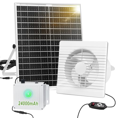 Solar Exhaust Fan with 24000mAh Battery Day & Night Work Fans, 25W 9.8" Solar Ventilation Fan for Chicken Coop with Timer, Waterproof Greenhouse Solar Powered Fan for Shed, Pet Houses, Outdoor Cooling