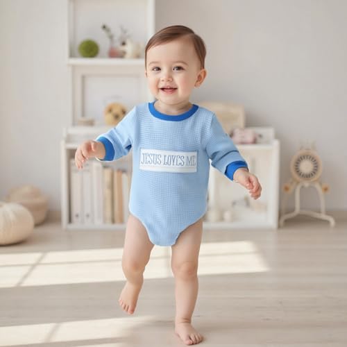 Newborn Baby Boy Clothes Jesus Loves Me Sweatshirt Romper Waffle Knit Long Sleeve Bodysuit Christian Baptism Outfit4