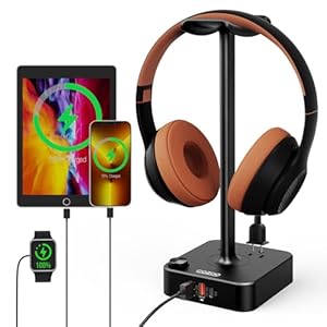 COZOO Headphone Stand with USB Charger Desktop Gaming Headset Holder Hanger with 3 USB Charging Station and 2 Outlets Power Strip – Suitable for Gaming, DJ, Wireless Earphone Display (Black)