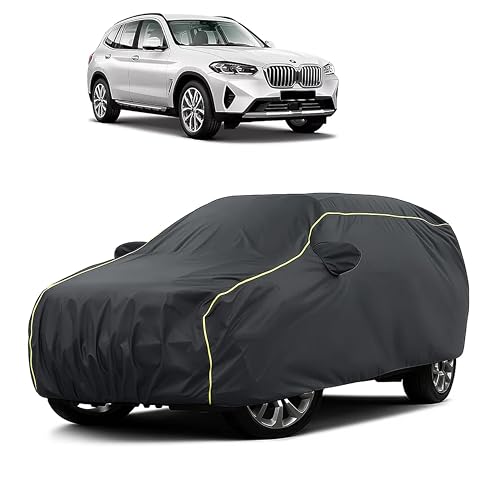 Image of Sulfar 100% Water Resistant Car Body Cover Compatible with Mirror for BMW X3 (Triple Stitched, Full Bottom Elastic, Dark Grey Taffeta with Yellow Piping)