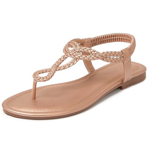 zeetoo Braided Flat Sandals for Women Thong Elastic Ankle Strap Gold-10